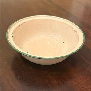 Vintage Cream Enamel Bowl with Green Rim